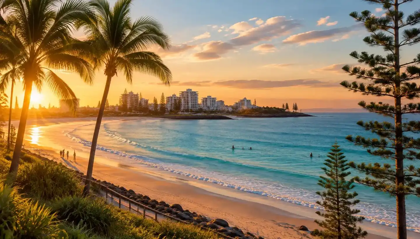 Mooloolaba beach on the Sunshine Coast at golden hour